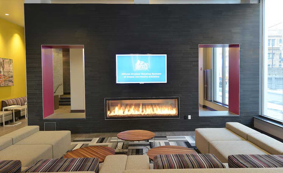 Black Basalt Stone Veneer on Commercial University Fireplace